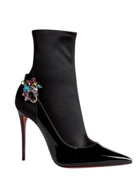 CHRISTIAN LOUBOUTIN Jessie Booty Joli 100 Black Patent Satin Ankle Heel Boot